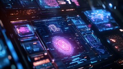 Poster - Futuristic holographic display panel with digital information floating in mid air showcasing advanced technology and the future of data visualization and user interface