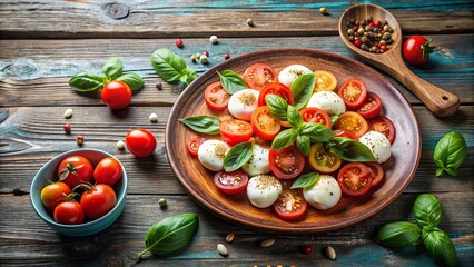 Fresh and vibrant plate of mozzarella and tomatoes on a rustic table