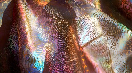 Poster - Mesmerizing holographic fabric with intricate prismatic patterns that reflect light in dynamic and captivating directions creating a futuristic and visually stunning effect