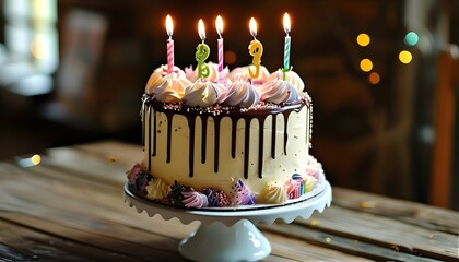 Poster - festive birthday card featuring a colorful birthday cake decorated with candles and cheerful designs