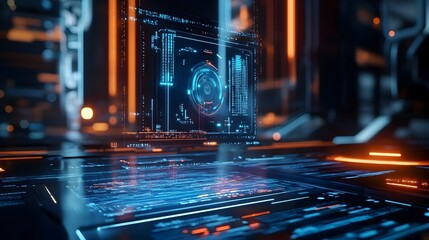 Poster - Photograph of a cutting edge holographic display panel showcasing a dynamic floating digital interface with advanced data and information visualization  This high tech