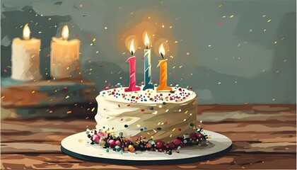 Colorful birthday cake with candles in an abstract design for postcards and festive celebrations