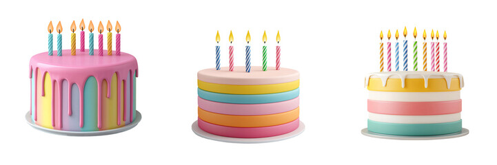 a colorful 3d birthday cake with candles party celebration element bright colors isolated on white a