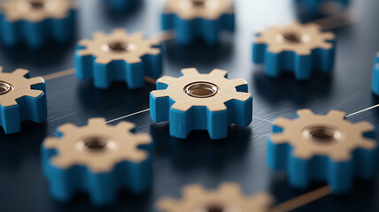 Abstract closeup of business roadmap featuring blue and gold gears, symbolizing strategy and collaboration.