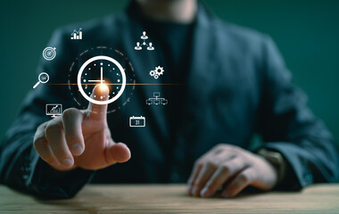 Aufkleber - Time management concept, Businessman manages time for effective work, work planning increases efficiency and reduces work time, time management concept. Actions plans.