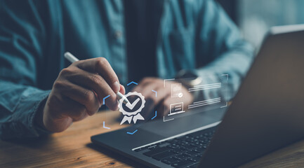 Poster - ISO standards quality control assurance warranty business technology, Businesses that pass quality control standards. Modern business with ISO banner. Standards quality.