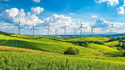 A beautiful landscape with green hills and wind turbines gently spinning. The bright blue sky adds to the serenity of the scene. This image represents renewable energy and nature preservation. AI