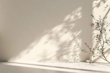 Wall Mural - Minimalistic abstract gentle light beige background for product presentation with light andand intricate shadow from the window and vegetation on wall