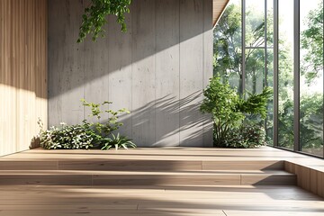 Wall Mural - Modern contemporary loft empty room with nature view 3d render There are wooden stair plank wall and ceiling and blank concrete wall for copy space