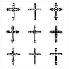 Wall Mural - Christian cross vector icon symbols.  Abstract christian religious belief or faith art illustration for orthodox or catholic design. The symbol of the cross in various designs used in tattoo.