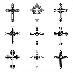 Wall Mural - Christian cross vector icon symbols.  Abstract christian religious belief or faith art illustration for orthodox or catholic design. The symbol of the cross in various designs used in tattoo.