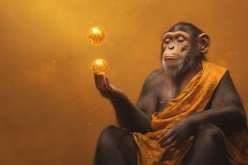 Wall Mural - A monkey is sitting on a yellow robe and holding two golden balls in his hands