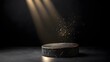 © Paisan - A sleek black marble podium with gold accents. A spotlight creates an elegant atmosphere, enhancing the podium's allure amid a darkened background. Luxury Podium Concept