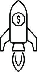 Poster - simple line drawing of a rocket taking off with a dollar coin inside, representing a successful busi