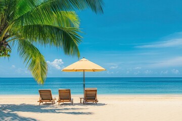 Beautiful panoramic sea sand sky. Tropical relax beach sunny summer island landscape. Love couple chairs umbrella palm leaves romantic coast. Luxury travel destination. Honeymoon vacation best , ai