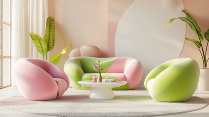 Wall Mural - A stylish and vibrant living room with modern curved furniture in pastel shades of pink and green. The space is enhanced with large green plants, soft natural light, and a round coffee table, creating