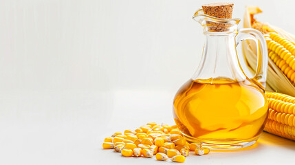 A large copy area featuring freshly picked corn cobs, grains, and corn oil in a decanter set against a white backdrop 