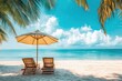 © RanDzign - Beautiful panoramic sea sand sky. Tropical relax beach sunny summer island landscape. Love couple chairs umbrella palm leaves romantic coast. Luxury travel destination. Honeymoon vacation best , ai