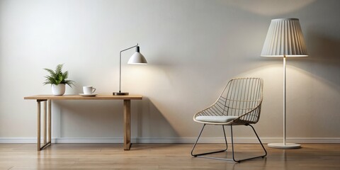 A minimalist space features a sleek, metal-framed chair beside a wooden table, illuminated by a simple, porcelain-shaded lamp with a linen-wrapped cord.