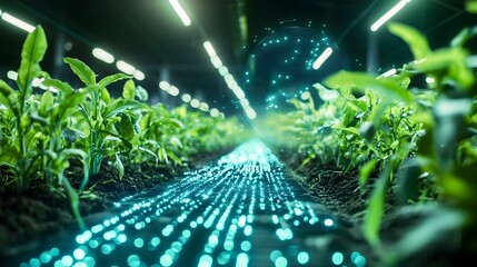 Poster - a high tech image showcasing a hologram projecting detailed crop growth data and analytics in a futu