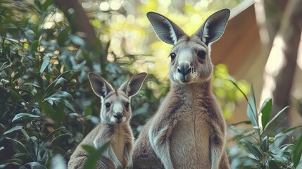 3D kangaroo with a joey in the pouch and a soft pastel background on the right, representing fascinating wildlife from Australia in a zoo, style of