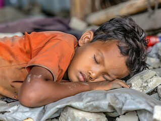 Poster - A young boy sleeps soundly on a pile of debris. AI.