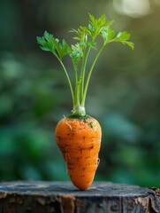 Wall Mural - A carrot with its greens standing on a tree stump. AI.