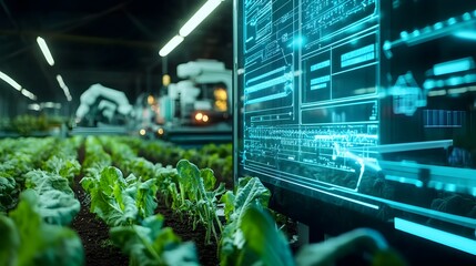 Poster - holographic visualization of a futuristic automated farming process showcasing robotic equipment sen