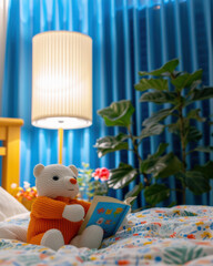 Sticker - A stuffed animal sits on a bed and reads a book. AI.