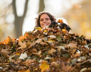 Poster - A woman and her dog peek out from a pile of autumn leaves. AI.