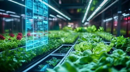 Poster - holographic 3d projection displaying the detailed layout and crop data of a futuristic vertical farm