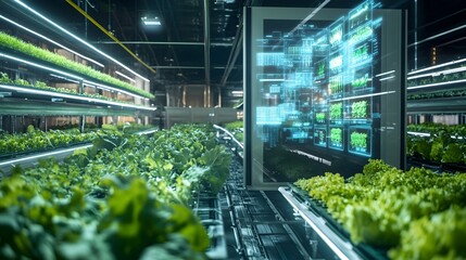 Poster - Holographic 3D projection displaying the detailed layout and crop information of a futuristic vertical farm showcasing the innovative technology and data driven approach to sustainable agriculture