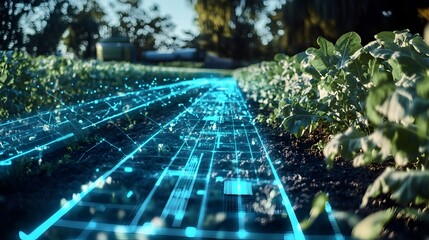 Poster - holographic projection showcasing precision farming techniques utilizing satellite data and analytic