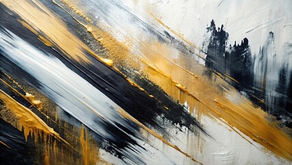 Wall Mural - Abstract oil painting background with copy space smears of black white and golden oil paint