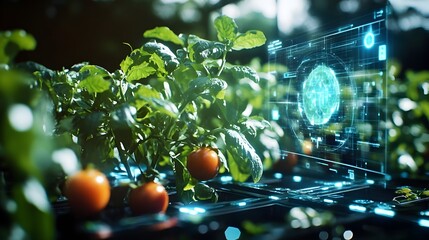 Poster - a holographic display showcasing a futuristic agricultural supply chain with automated logistics and
