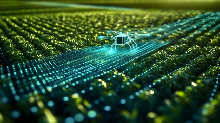 Poster - holographic 3d model showcasing a smart autonomous drone spraying crops in a large agricultural fiel