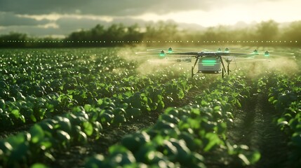 Poster - holographic 3d display showcasing a smart agricultural drone spraying crops in a large farming field