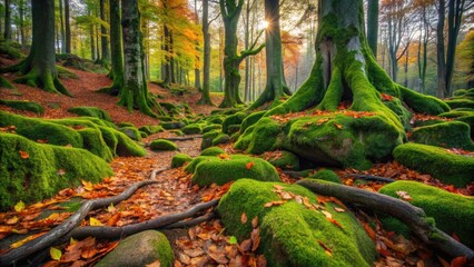 Moss-covered stones, fallen leaves, and twisted roots create a serene, natural atmosphere on the forest floor, inviting relaxation and connection with nature's tranquility.