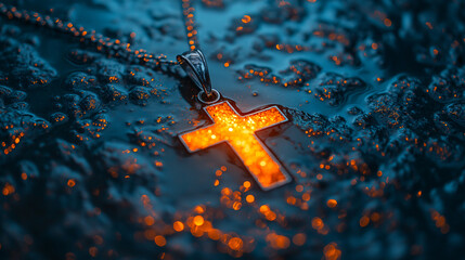 Yellow Illuminated Cross, Pendant in Rainy Night - Spiritual Symbol of Faith and Hope