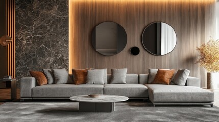 Front view on stylish grey sofa with pillows, marble coffee table on grey carpet on wooden floor and round mirrors on wooden backlit wall. 3D rendering