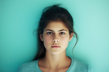 A studio close-up portrait of a young white woman wearing a casual t-shirt, with a colourful background.