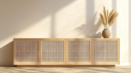 Wall Mural - Rattan Cabinet with a Vase of Dried Grass in a Minimalist Setting