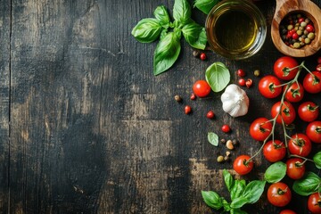 Wall Mural - Fresh ingredients for cooking, including tomatoes, basil, garlic, and olive oil on a wooden surface.