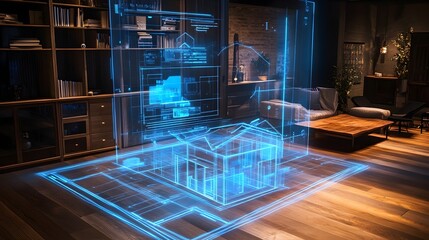 Poster - interactive holographic display showcasing the floor plan and design of a cutting edge technological