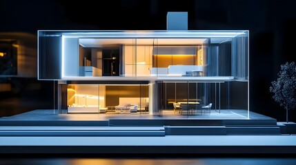 Poster - holographic projection displaying the interior design layout and floor plan of a contemporary minima