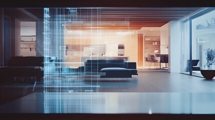 Poster - Holographic projection showcasing the interior design layout for a sleek minimalist modern house  Advanced 3D rendering and virtual visualization of the clean