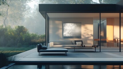 Poster - holographic display showing the detailed interior design layout for a modern minimalist house with c