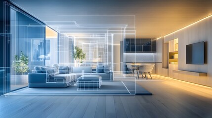 Poster - Holographic display showcasing the interior design layout for a sleek contemporary minimalist house  The 3D visualization presents the clean lines sophisticated furnishings