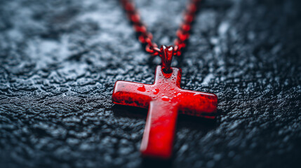 Red Illuminated Cross, Pendant in Rainy Night - Spiritual Symbol of Faith and Hope