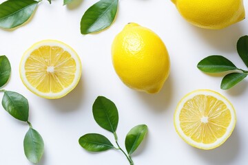 Wall Mural - Fresh lemons and green leaves arranged on a white background.